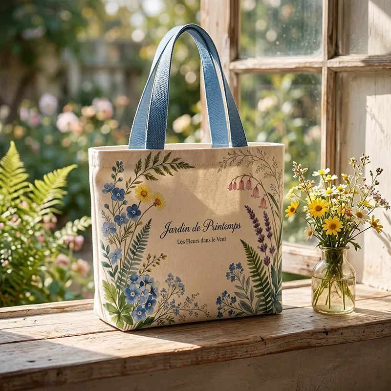 sac fourre-tout en toile à motif floral de jardin printanier français, sac à main botanique à fleurs sauvages, sac à main portable pour le shopping quotidien et le travail pour femmes