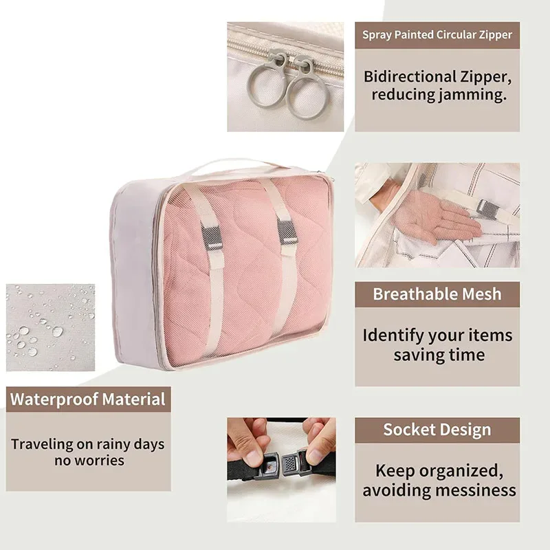 organisateur voyage polyester visibilité sac compresseur vêtements accessoires beige rose pâle léger résistant transport