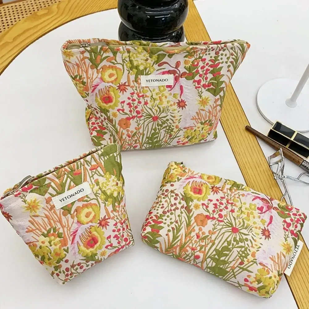 Pochette en toile de polyester à motif floral, grande capacité, fermeture éclair, pochette de rangement cosmétique portable à motif floral