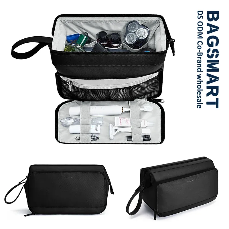 trousse polyester noir compartiments poches maille ouverture large rasage hygiène voyage cosmétiques organisation skincare