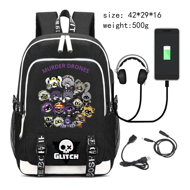 nouveau murder drones sac à dos pour étudiant garçons mode tendance sac à dos usb ordinateur portable sac à dos dessin animé noir fille sac d'école pour adolescent