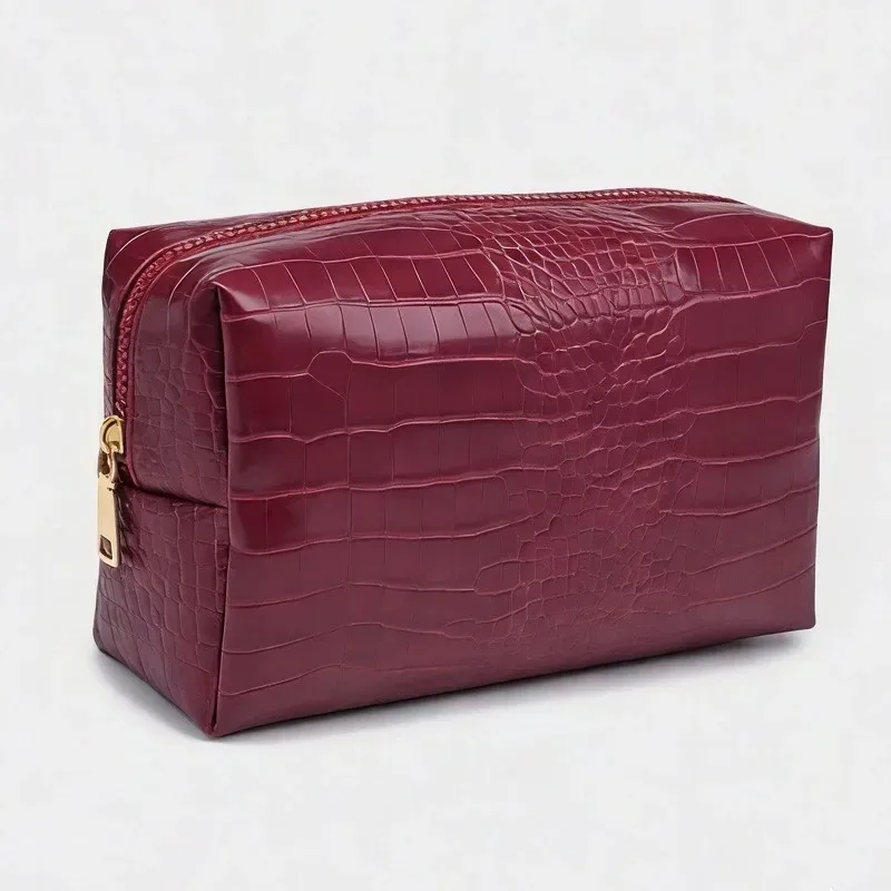 pochette de maquillage en pu gaufré crocodile pour femmes, étanche, structurée, organiseur de rangement haut de gamme non pliable