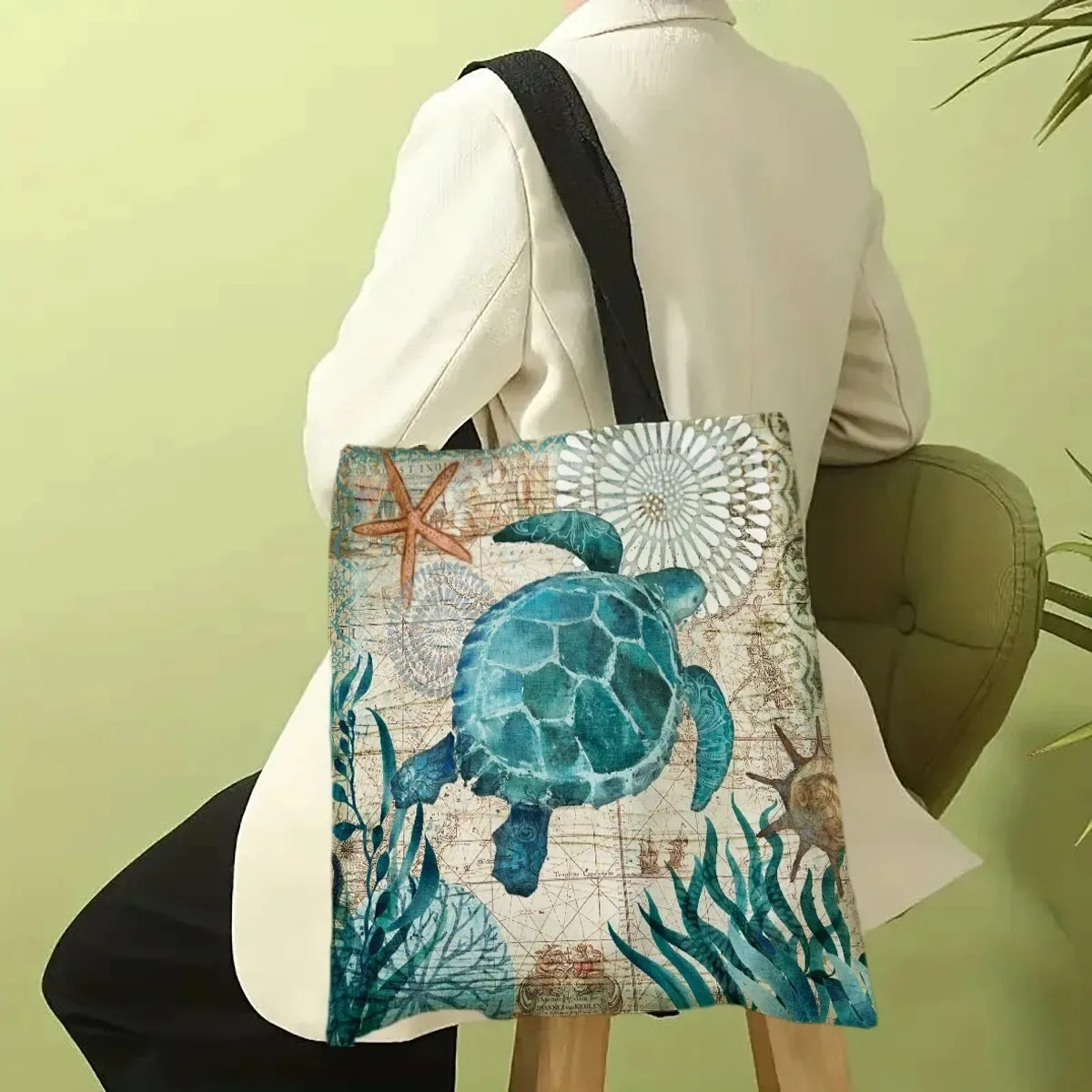 sac fourre-tout de grande capacité imprimé tortue, sacs de voyage initiés, sacs à soupe, sacs à provisions en lin pour femmes avec impression