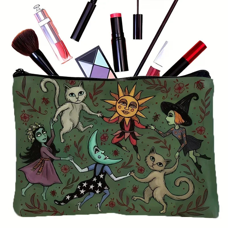 charmante trousse de maquillage forêt, motif fantaisie floral sorcière chat lune étoile, vert foncé, pochette zippée légère pliable faite à la main pour voyage