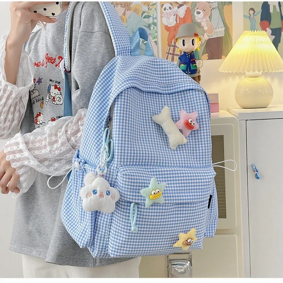 sac à dos décontracté à carreaux pour femme, style frais, en nylon, tendance urbaine, idéal pour les voyages et les loisirs, pour lycéennes