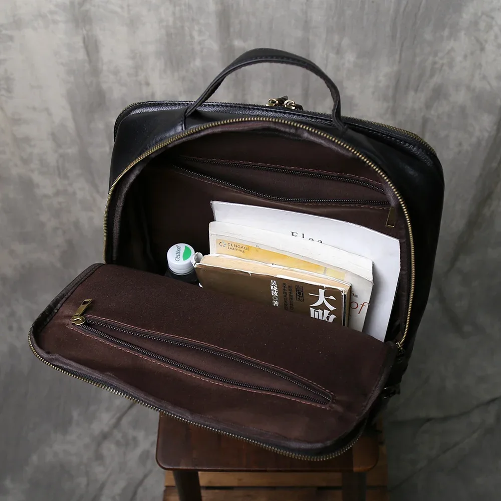 sac à dos vintage en cuir pleine fleur pour homme, grande capacité, pour ordinateur portable, décontracté, professionnel, en cuir huilé, double bandoulière