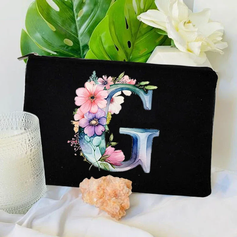 trousse toilette toile noire initiale fleurs maquillage femmes voyage sac cosmétiques intérieur uni poignée glissière