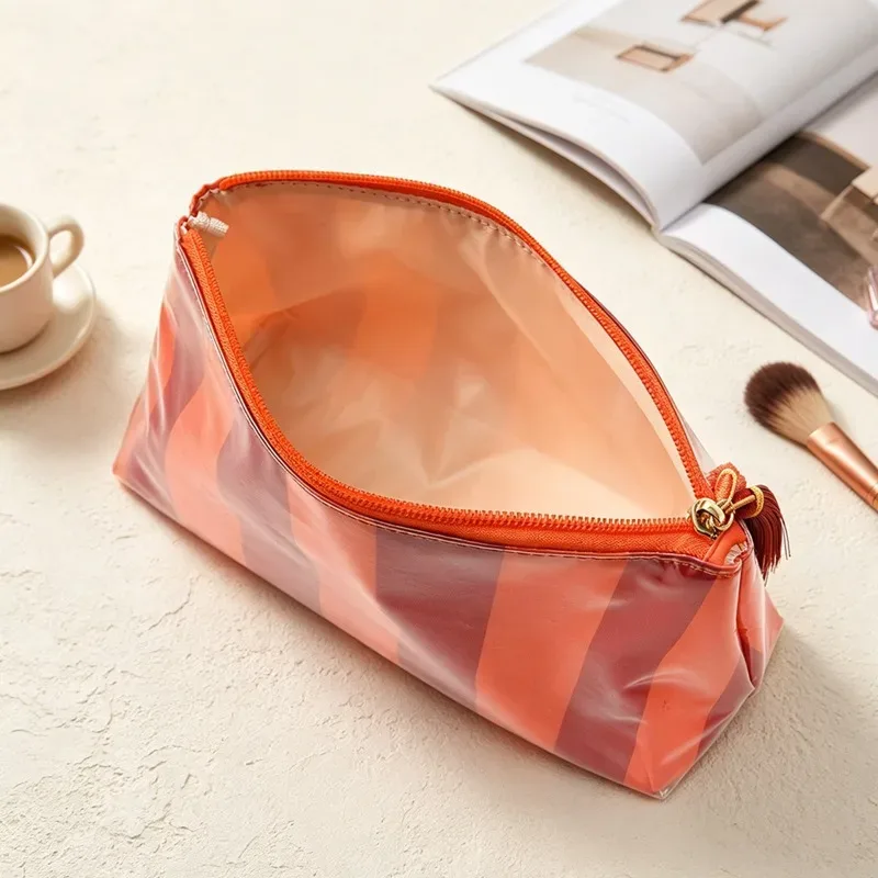 trousse de maquillage rayée en pvc avec franges et fermeture éclair, trousse de toilette de voyage imperméable, étui pour pinceaux de maquillage, pochette косметичка