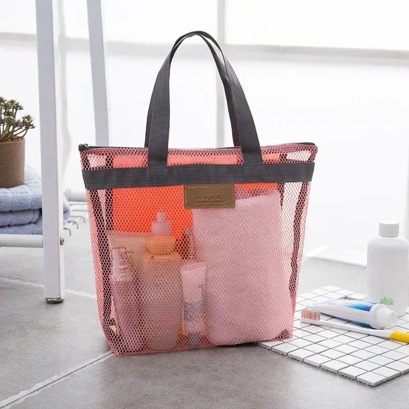 sacs de rangement de maquillage et de toilette en maille, sacs à main portables de voyage plage lavage outils de douche organisateur fourre-tout pochette de rangement de cosmétiques