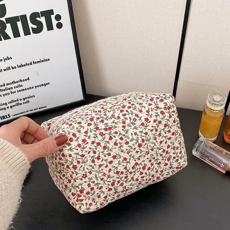 organisateur de rangement, sac de maquillage matelassé bouffant à fleurs, pochette à cosmétiques imprimée de fleurs, grand sac à cosmétiques de voyage, accessoire de maquillage