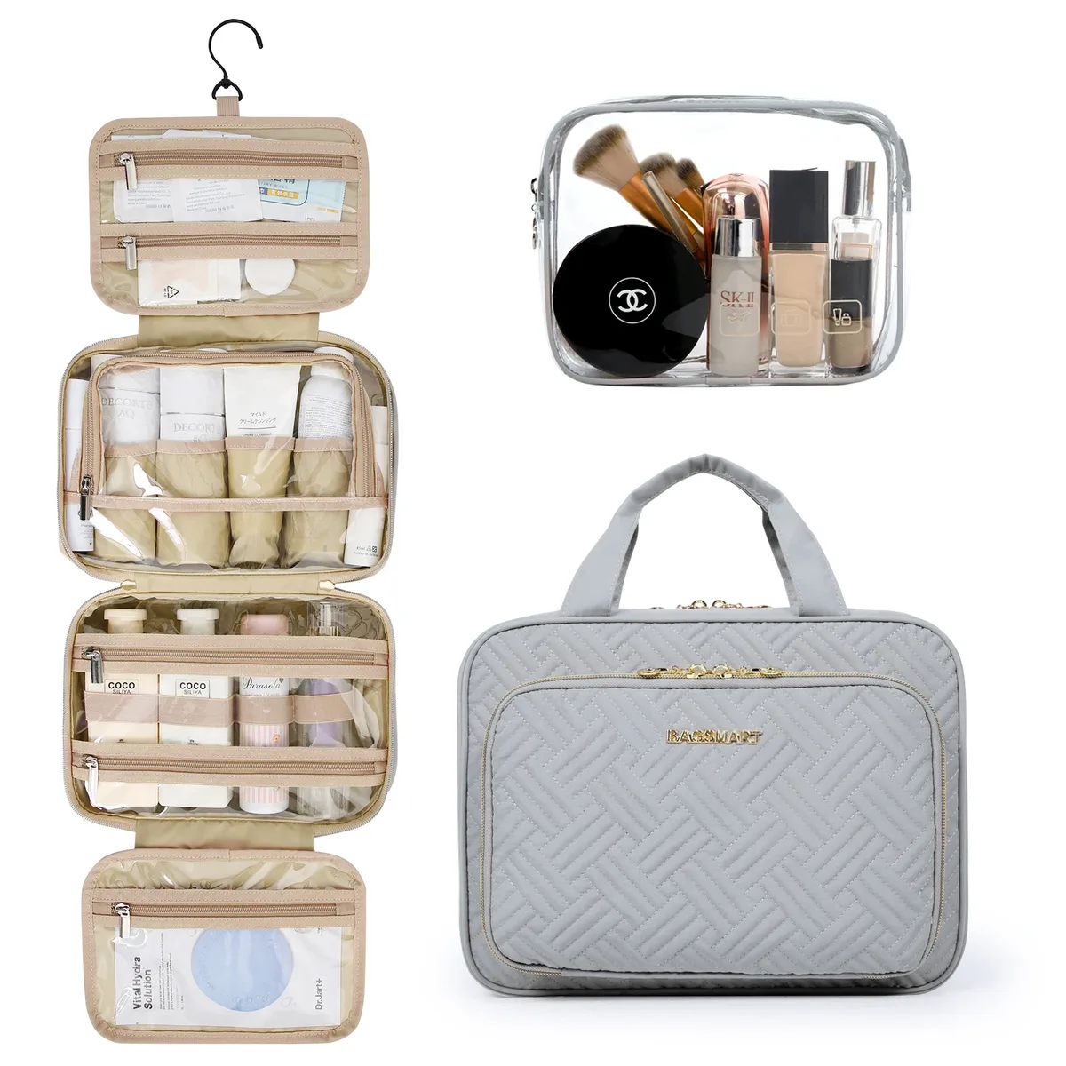 trousse toilette pvc turquoise géométrique bandes dorées poignée amovible compartiments zips voyage cosmétiques maquillage