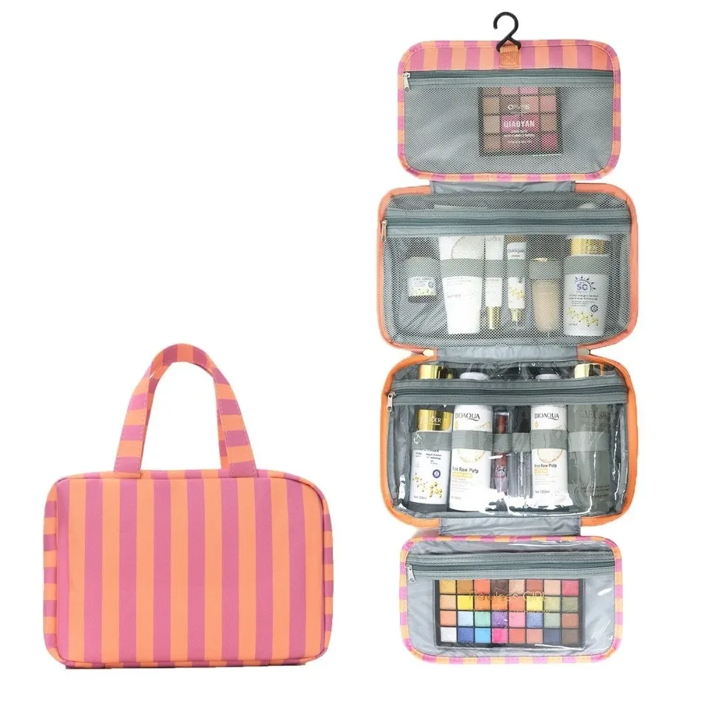 trousse de toilette de voyage suspendue portable 4-en-1 avec crochet, grande capacité, rayée, pour maquillage et cosmétiques