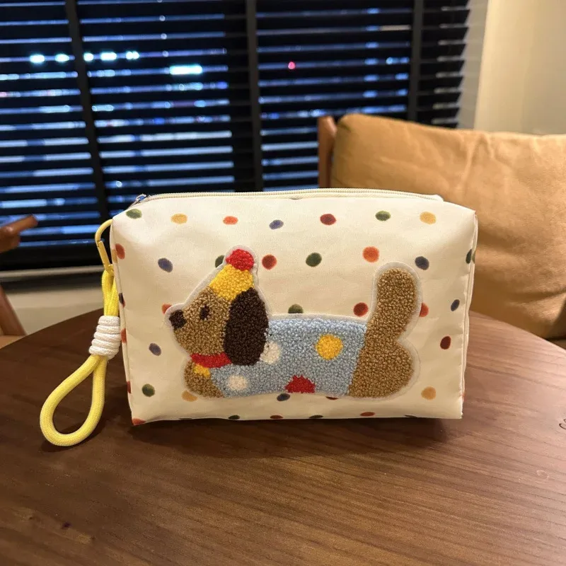 trousse de maquillage à motif de chiot mignon avec lanière, sac de rangement de cosmétiques en toile à points colorés, trousse de toilette de voyage portable pour femmes, sac à stylos