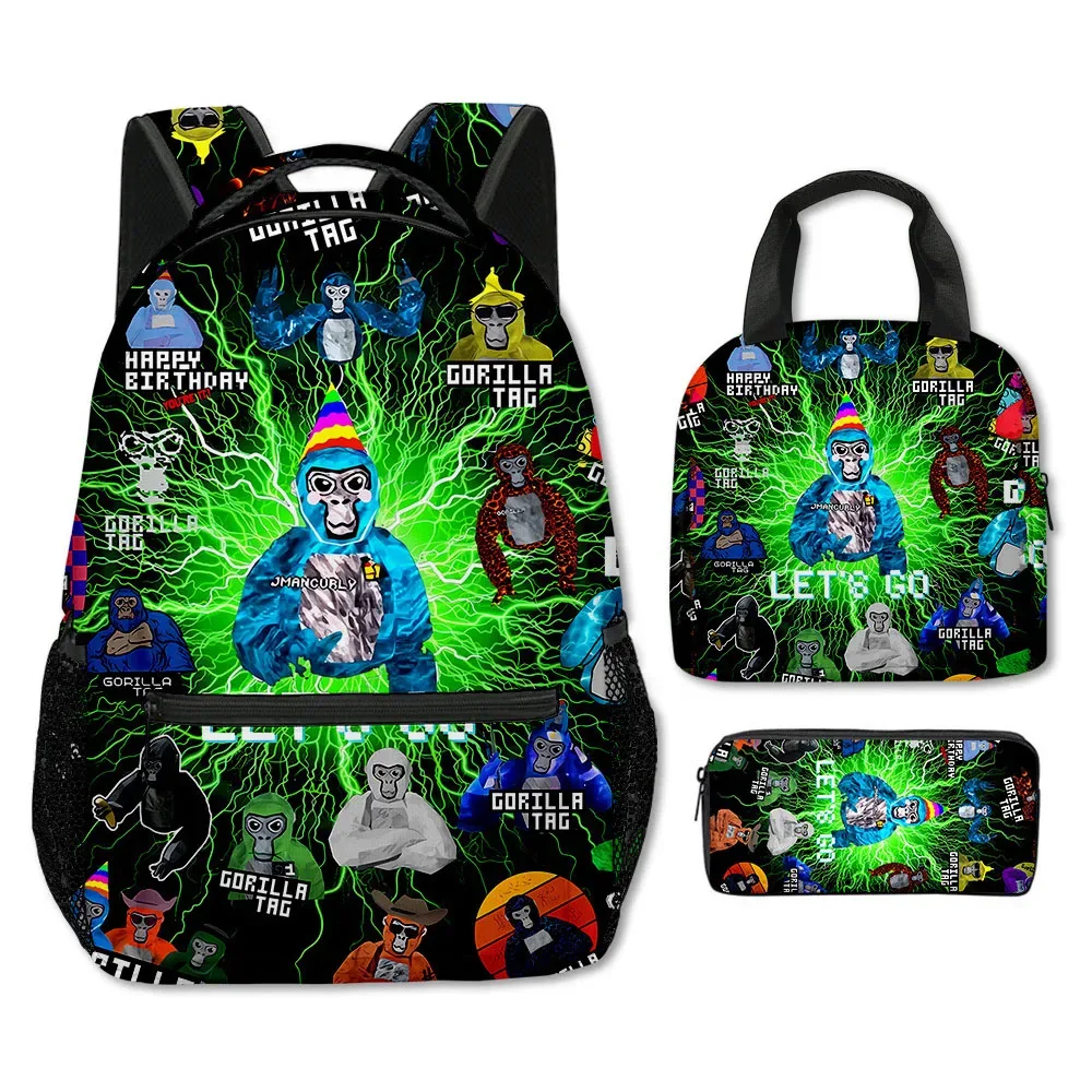 mode nouveauté cool nouveauté gorille tag impression 3d 3 pièces/ensemble étudiant sacs d'école sac à dos pour ordinateur portable bandoulière sac à déjeuner porte-crayon
