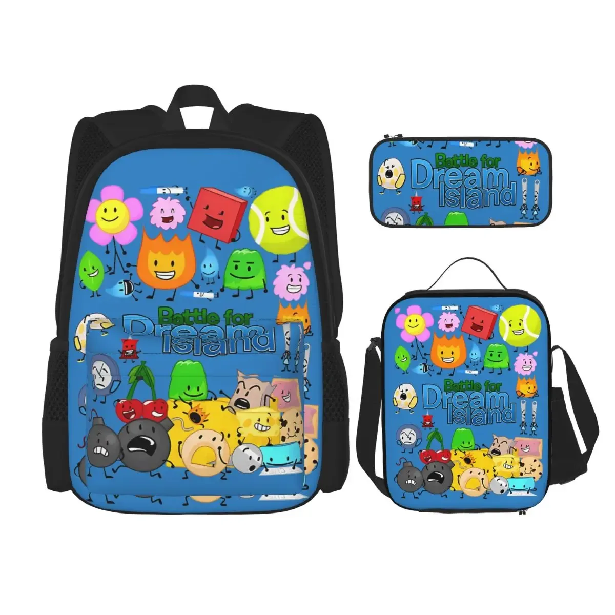 bfdi battle for dream island 3pecs/ensemble sac à dos pour étudiant collège sac à bandoulière sac à déjeuner trousse à crayons