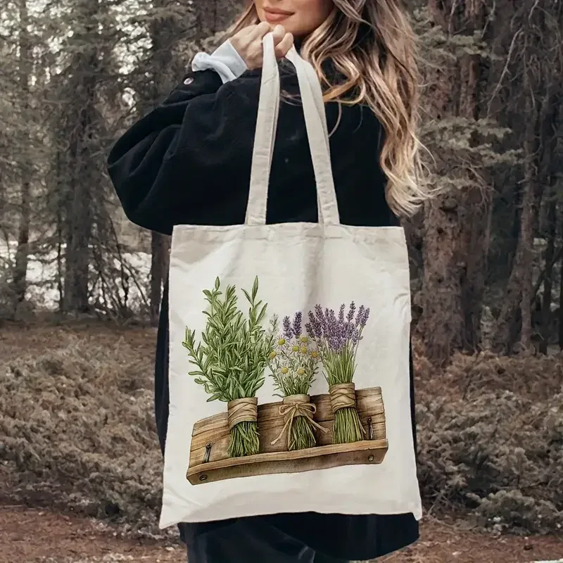 sac fourre-tout en toile beige à motifs floraux, imprimé botanique lavande et camomille, grand sac à bandoulière pour les amateurs de jardinage et de plage