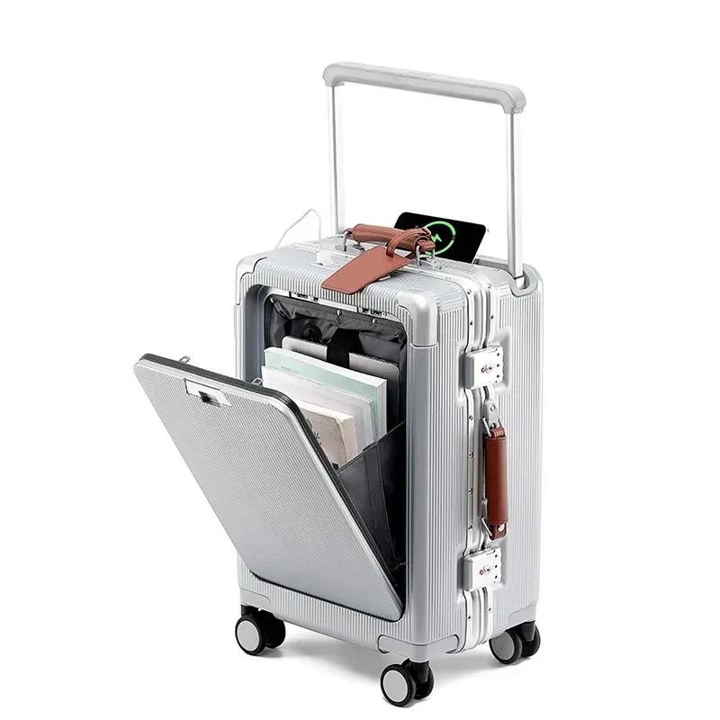 valise de voyage à cadre en aluminium, large, avec porte-gobelet, bagage à main 20 pouces, valise à roulettes 24/26 pouces, bagage cabine