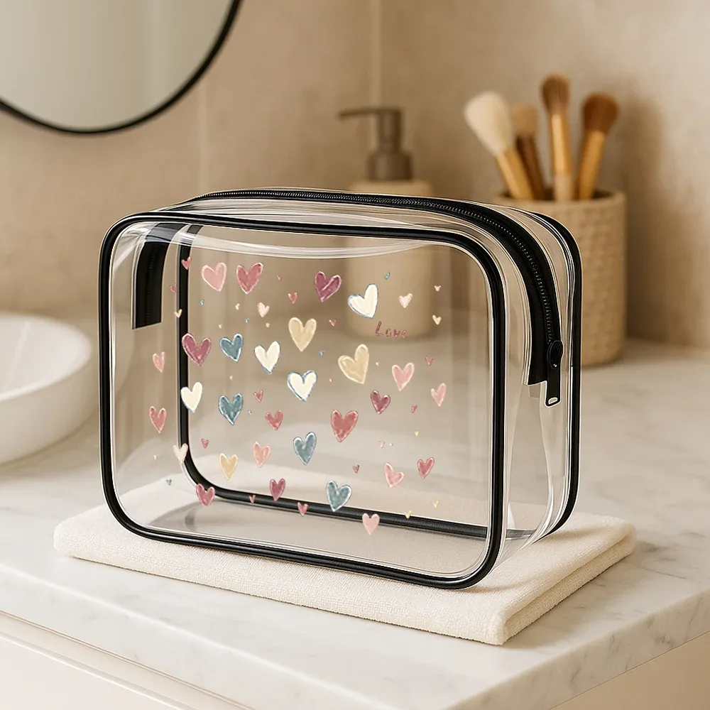 trousse de maquillage transparente heart design. petite pochette à cosmétiques pour voyage, salle de sport ou plage. un cadeau parfait.