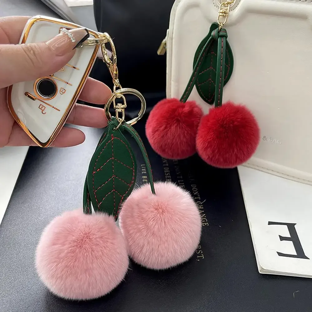 nouveau pelucheux lapin fourrure cerise porte-clés boule pompon porte-clés sac à main voiture porte-clés anneau cadeau femmes sac charme sac à dos accessoire