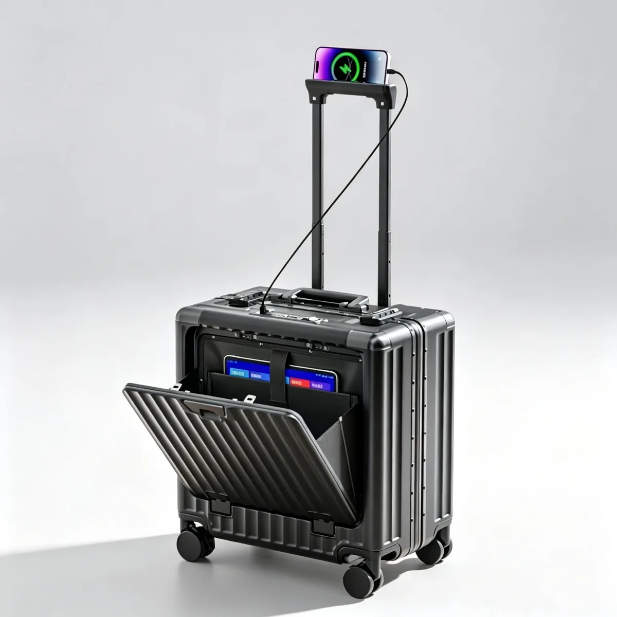 valise à ouverture frontale 18 pouces, bagage à main pour femme, valise à roulettes, coque rigide en pc avec cadre en aluminium, serrure tsa
