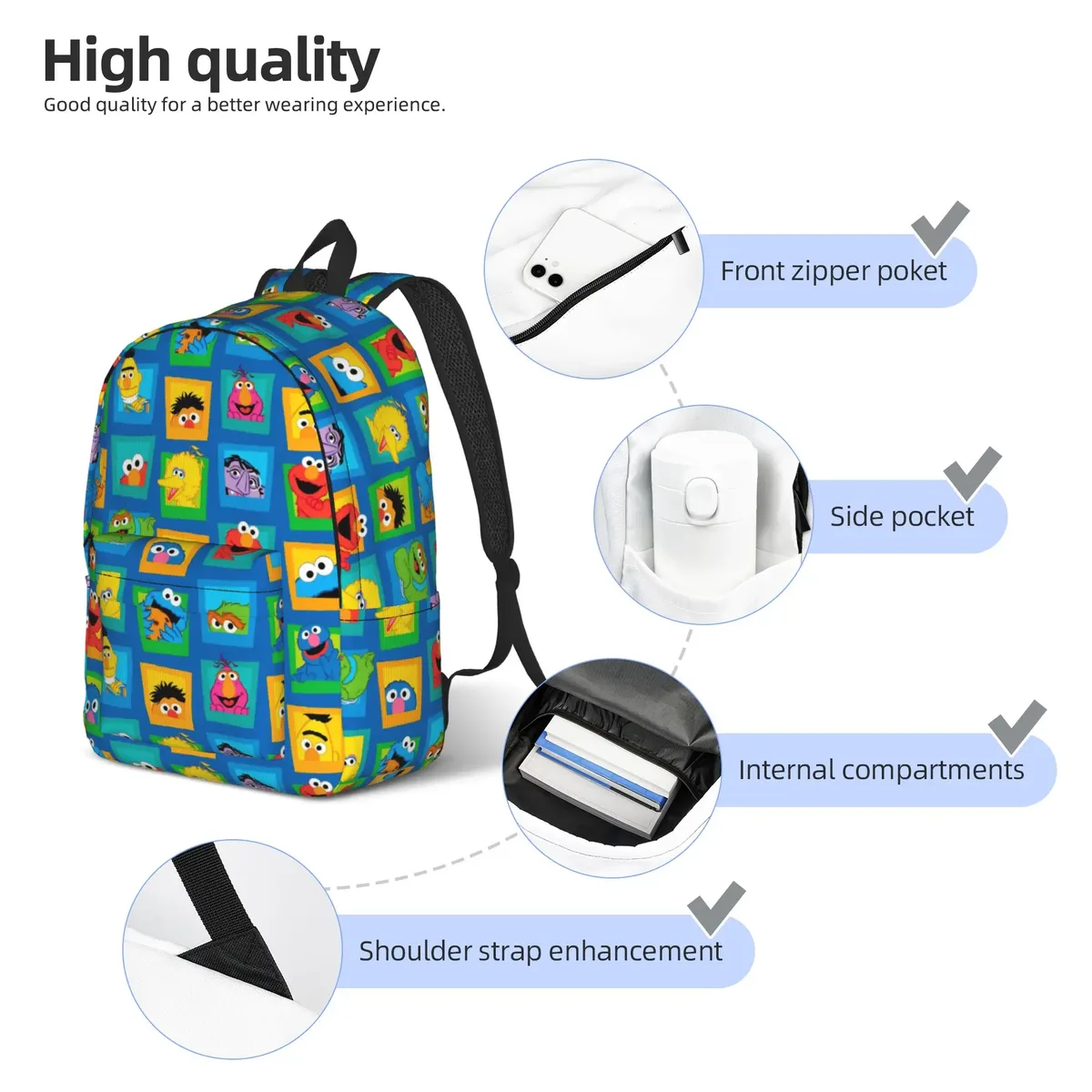 sesames streets – sac à dos de sport à la mode pour lycée et travail, sac à dos mignon pour hommes et femmes, sac à bandoulière pour ordinateur portable