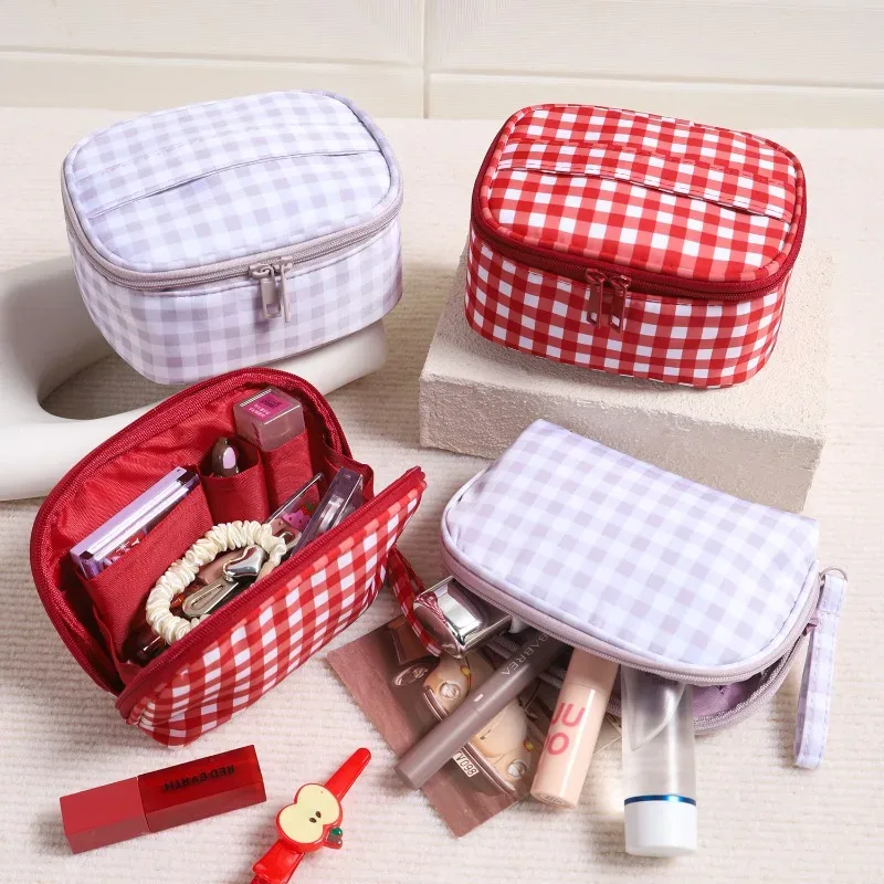 sac à main mignon à carreaux rouges et violets pour femmes, trousse de maquillage portable de voyage, petite et grande trousse de toilette cosmétique avec fermeture éclair