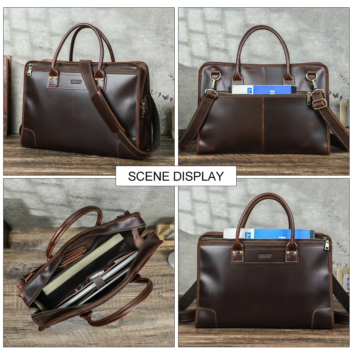 contact's sacs d'affaires en cuir véritable pour hommes, mallette de bureau, sac de travail en cuir, sacoche à bandoulière, sac fourre-tout pour ordinateur portable 14 pouces pour hommes