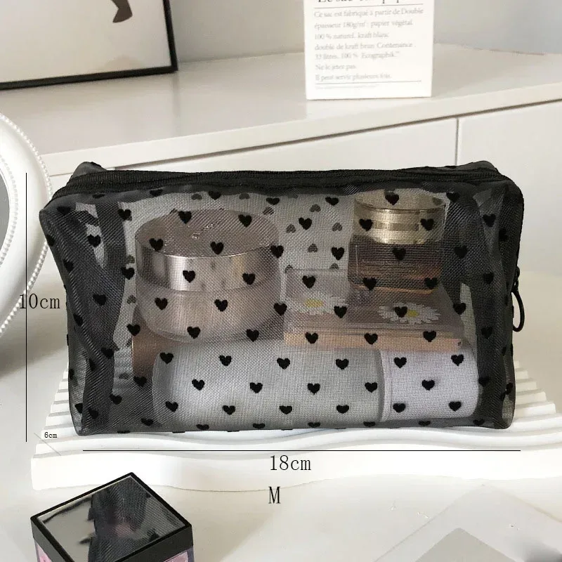 sacs de maquillage de lavage de toilette, trousse de maquillage en maille transparente noire, pochette de rangement, sac à cosmétiques de voyage pour femmes, fermeture éclair décontractée