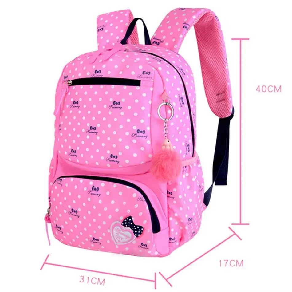 sac dos polyester point rose cœurs rouges bleus nœuds noirs pochette crayon sacs école filles voyage