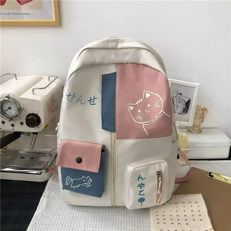 sac à dos coréen mignon chat de dessin animé pour femmes, cartable pour lycéens, grande capacité, sac à dos de voyage étanche en nylon
