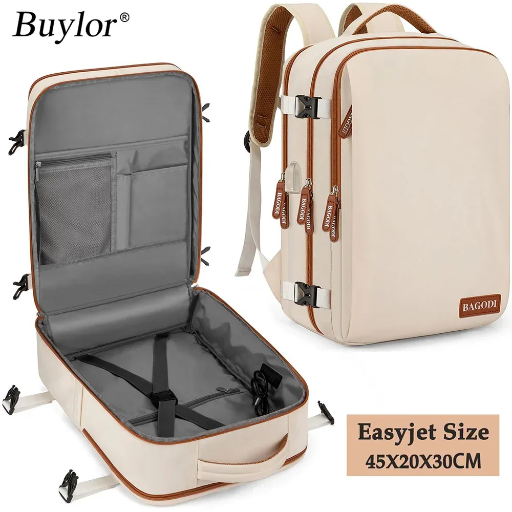 Sac Dos Oxford Beige Polyester Capacité Grande Compartiment Ordinateur Poches Latérales Avant Recharge USB Voyage Sport Business Week-end School