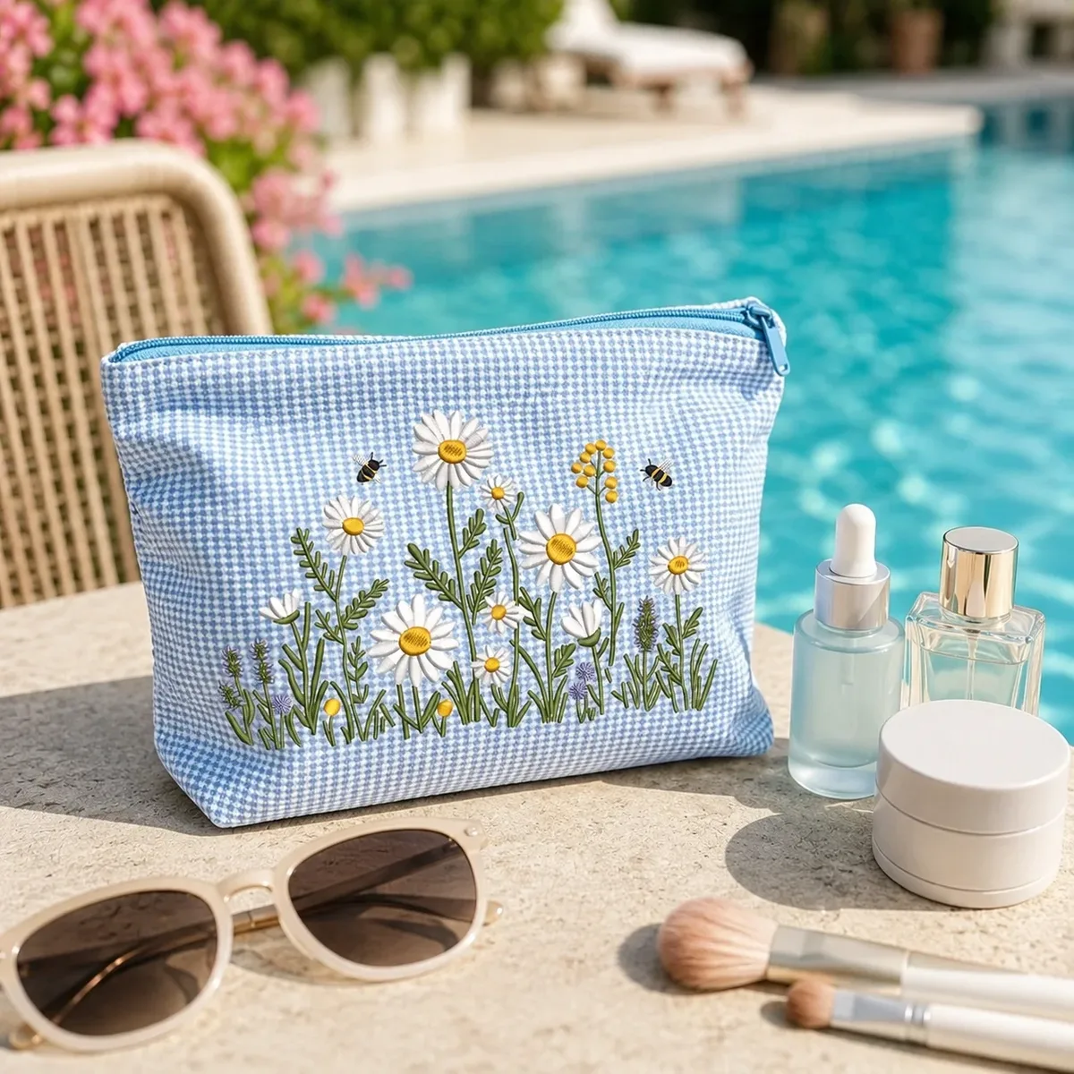 pochette cosmétique en gingham brodée daisy, grande trousse de toilette à fermeture éclair pour femmes, organiseur de voyage pour les vacances à la plage