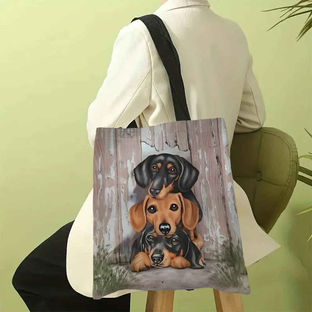 1pc dessin animé teckel fourre-tout sacs polyester tissu sac à main mignon chien sac femmes sac à bandoulière chien amoureux cadeaux 30x35 cm
