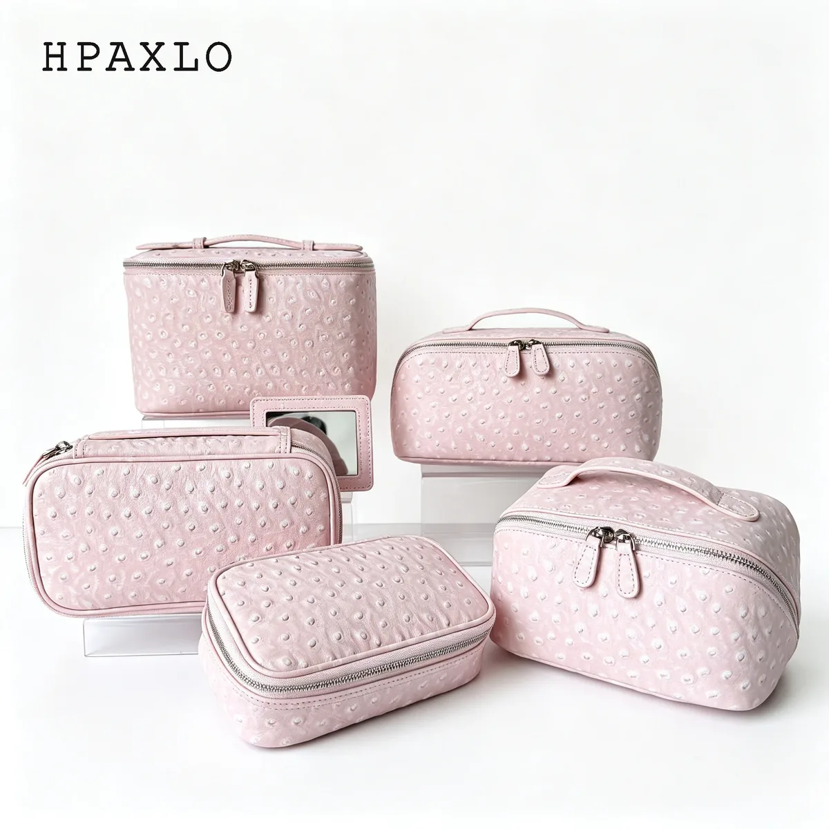 nouvelle trousse de maquillage de voyage portable en cuir véritable motif autruche rose flocon de neige, grande capacité, en cuir de vachette, luxe