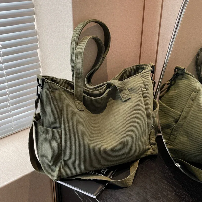 sac à main en velours côtelé pour femmes, fourre-tout décontracté, multi-poches, sangle réglable, sac à bandoulière, fermeture éclair initiée, automne, hiver