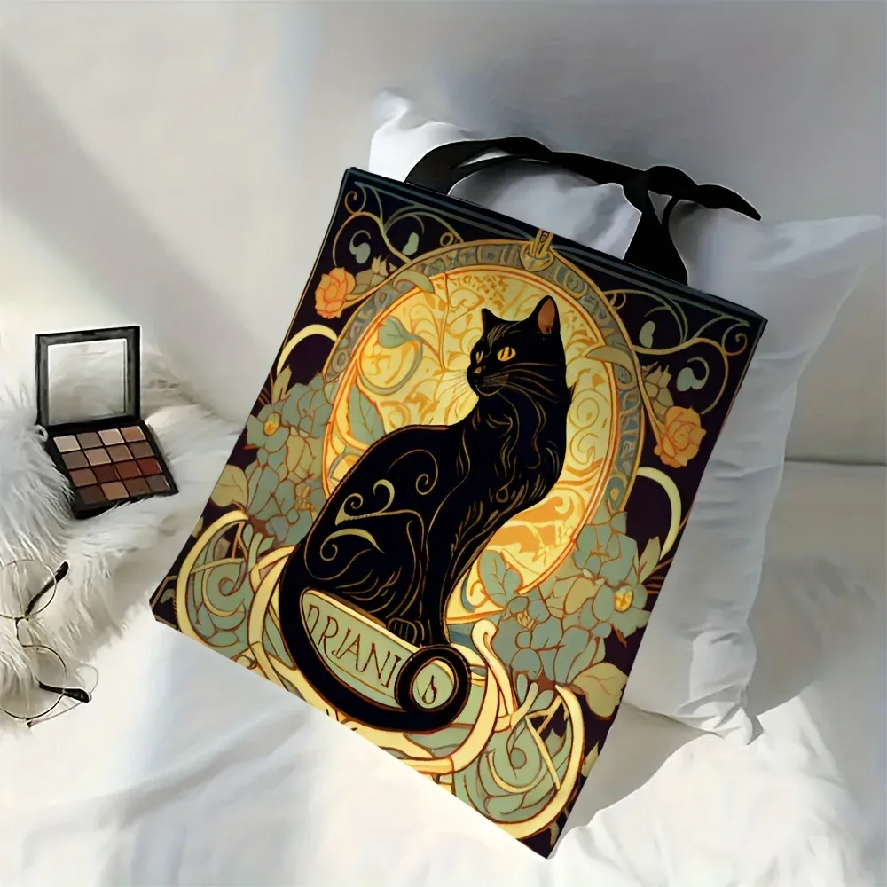 sac fourre-tout rétro art noble chat noir, sac à bandoulière à la mode, sac de courses léger quotidien en tissu de lin 40x40cm, sac à main