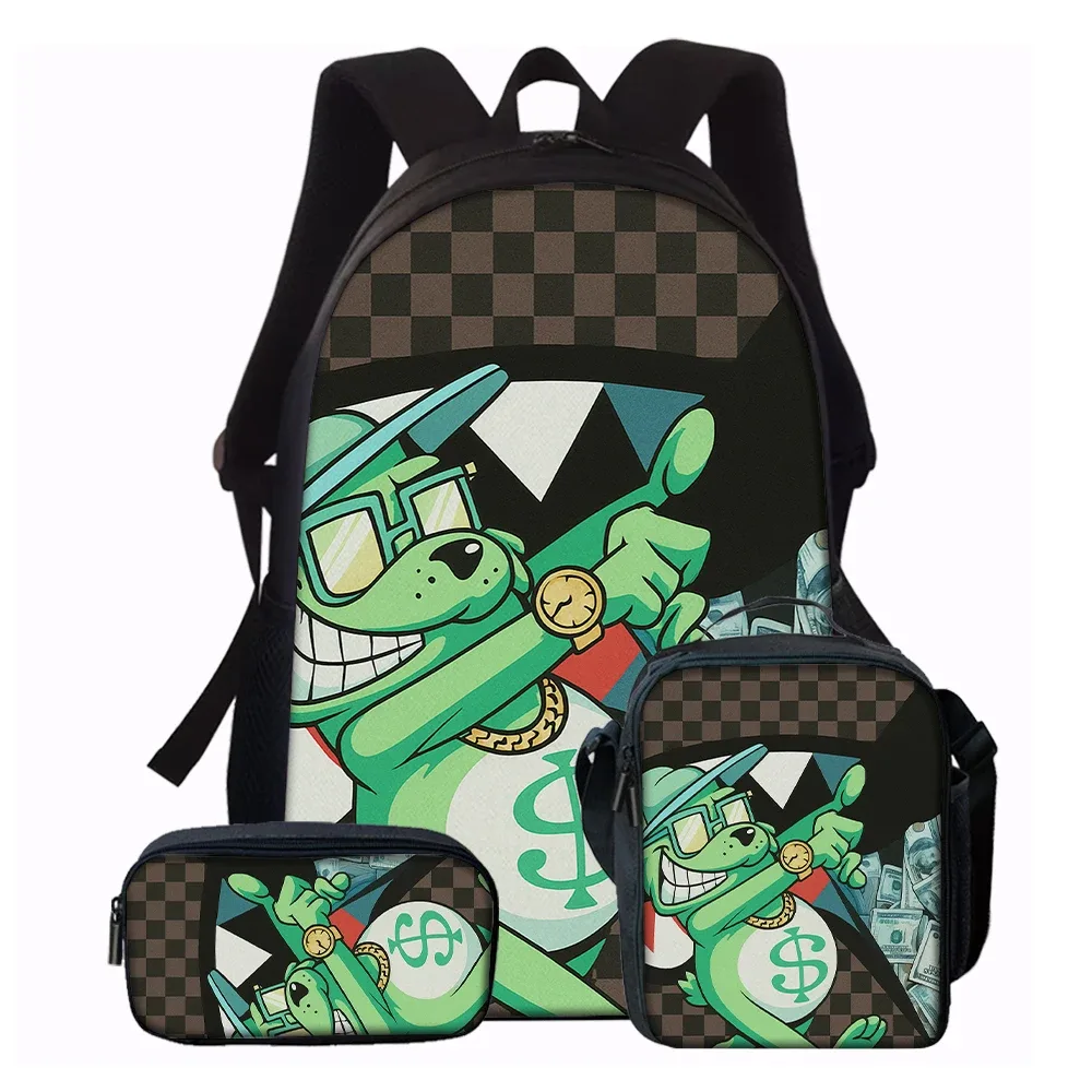 sac dos polyester carreaux noirs blancs accents verts argentés personnage souriant sac main usage quotidien