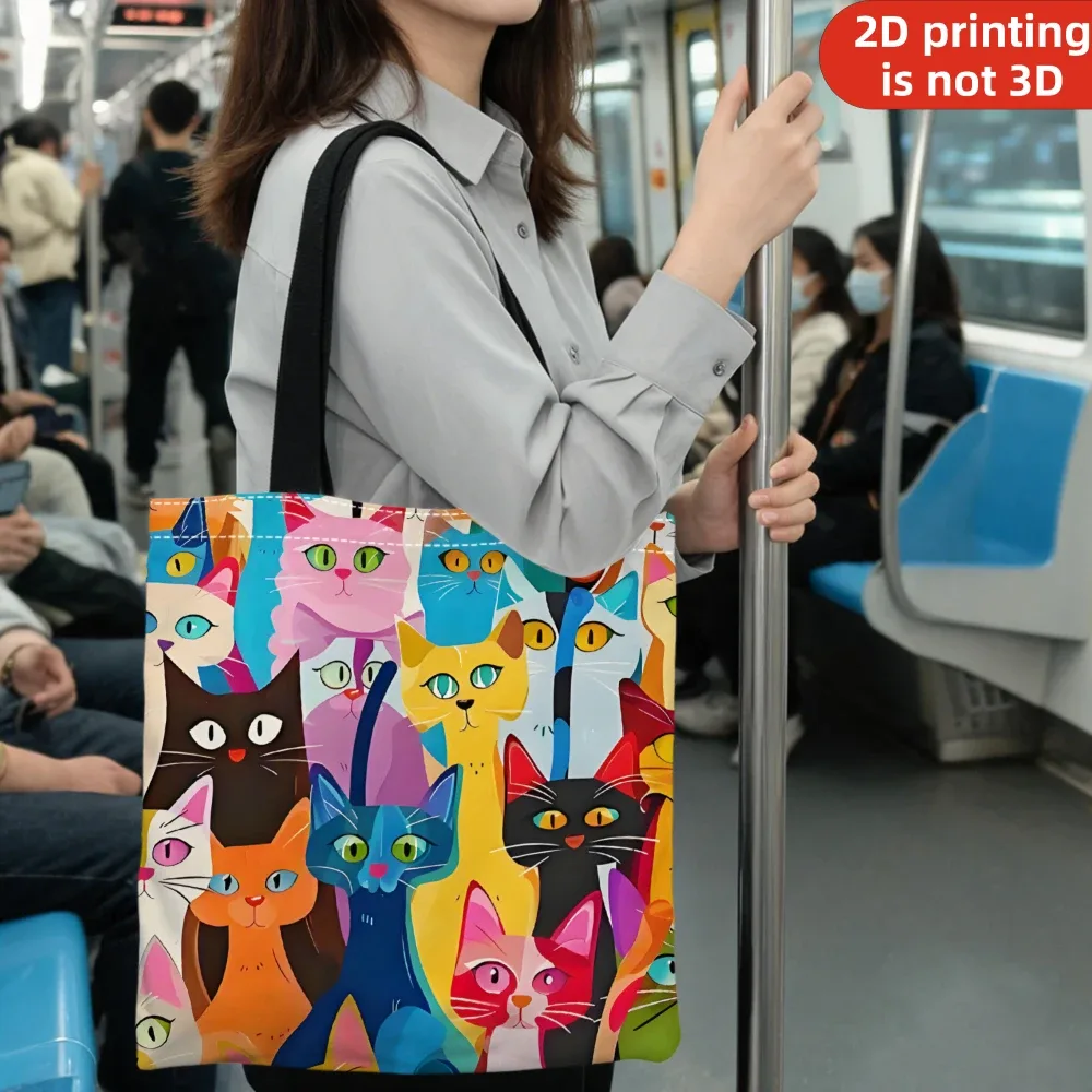 sac à main décontracté imprimé chaton coloré, sac à dos réutilisable et tendance, sac à main multifonctionnel, sac de shopping imprimé 40x40cm