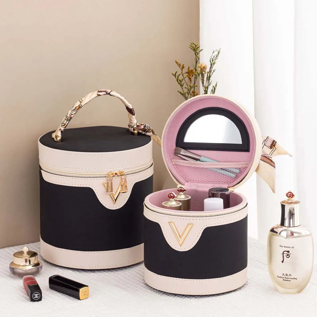 sac seau à motif litchi, trousse de maquillage grande capacité avec poignée, sac de maquillage multifonctionnel, imperméable, portable, vente en gros