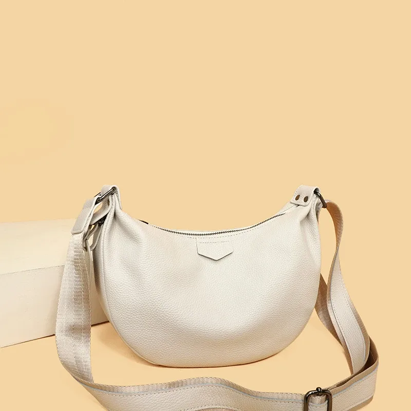 nouveaux sacs pour femmes en cuir véritable 100%, sacs à main sous le bras, couleur unie, sac à main pour les trajets quotidiens, sac à bandoulière portable réglable en forme de demi-lune pour femmes