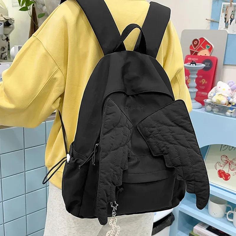 sac à dos élégant aile d'ange, sac d'école doux, sac de voyage maxi léger en nylon simple, sac à bandoulière coréen à fermeture éclair, fourre-tout décontracté