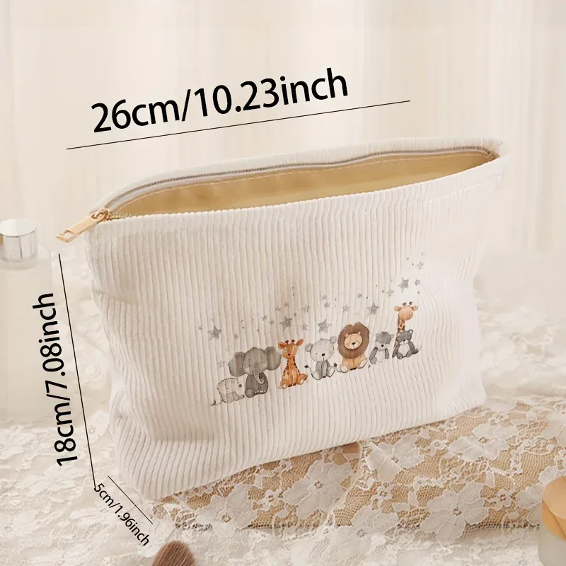 trousse de maquillage multifonctionnelle en velours côtelé imprimé motif petits animaux avec fermeture éclair et doublure, sac de rangement pour cosmétiques et articles de toilette