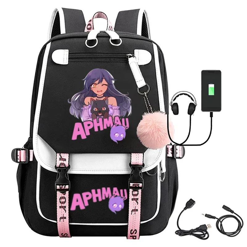 sac dos toile noire broderie fille chat bleu texte aphmau rose bandes latérales cuir sport poche rabat décontracté