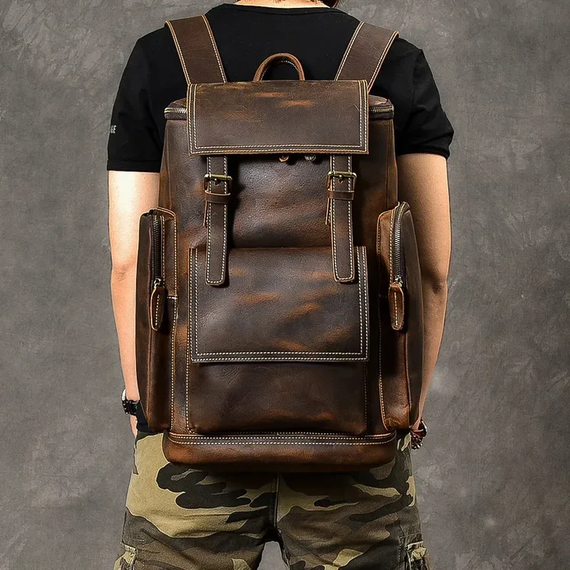 Sac à dos vintage en cuir véritable Crazy Horse pour hommes, sac à dos d'escalade, grand sac à dos de randonnée pour hommes M814