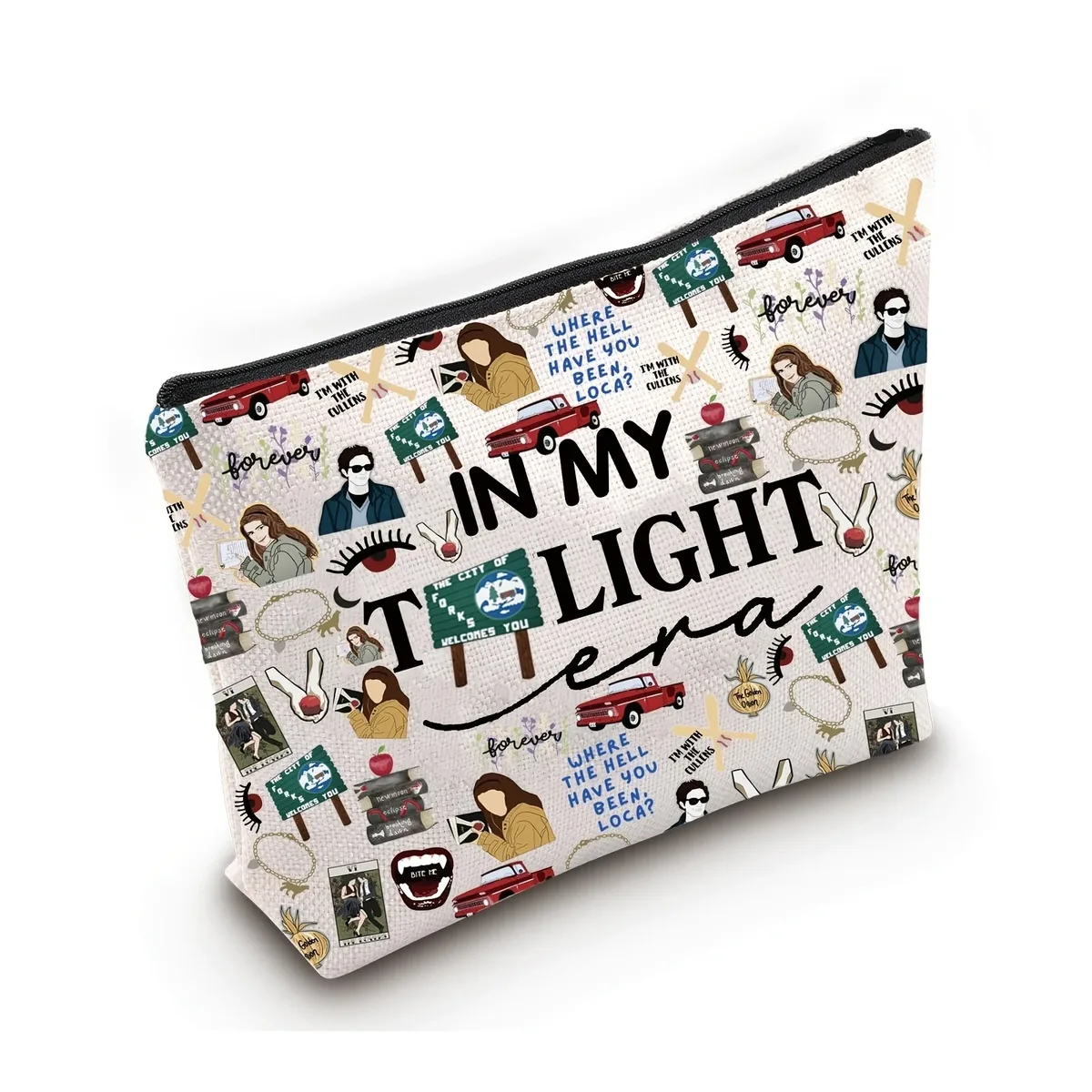 trousse polyester motifs rétro lettrages stylisés voitures livres accessoires beige petit format cosmétique voyage usage maquillage