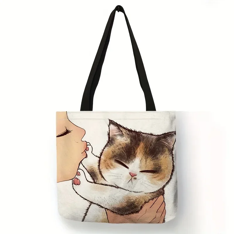 sac fourre-tout imprimé chat de dessin animé mignon, sac à bandoulière de grande capacité, sac à main décontracté pour femmes pour le travail, l'école et le shopping