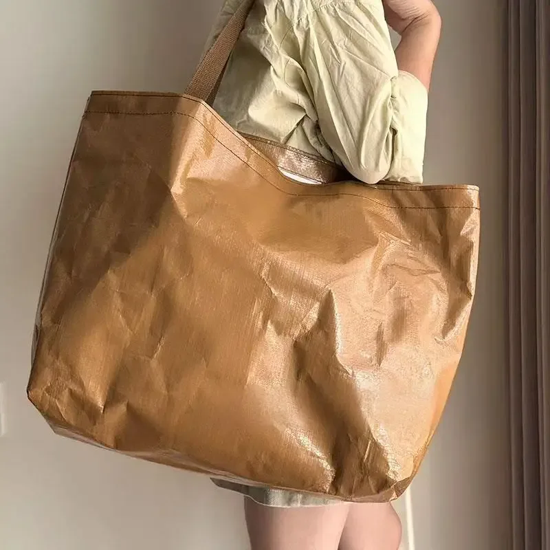 sac de courses étanche réutilisable, fourre-tout tissé pliable marron pour épicerie plage voyage organisateur de rangement sac à bandoulière léger