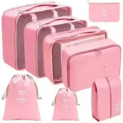 organisateur voyage polyester beige clair sac rangement vêtements chaussures sous-vêtements pochettes transparentes cubes modularité transport