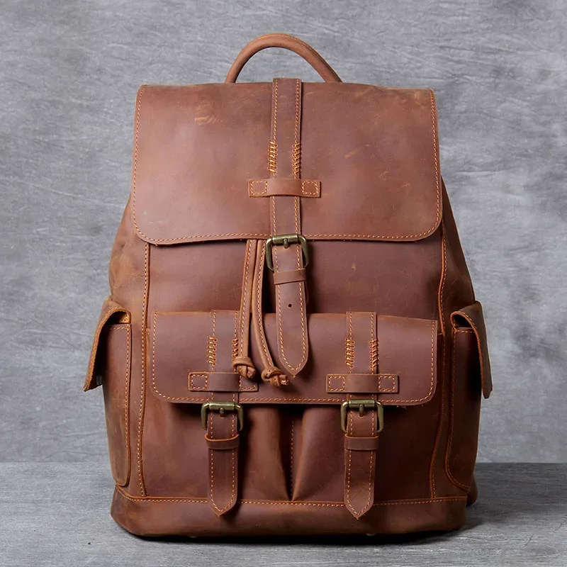 sac à dos vintage en cuir véritable s.worker pour hommes, sac de voyage vintage en cuir crazy horse, grand sac à dos pour ordinateur portable en cuir de vache pour hommes.