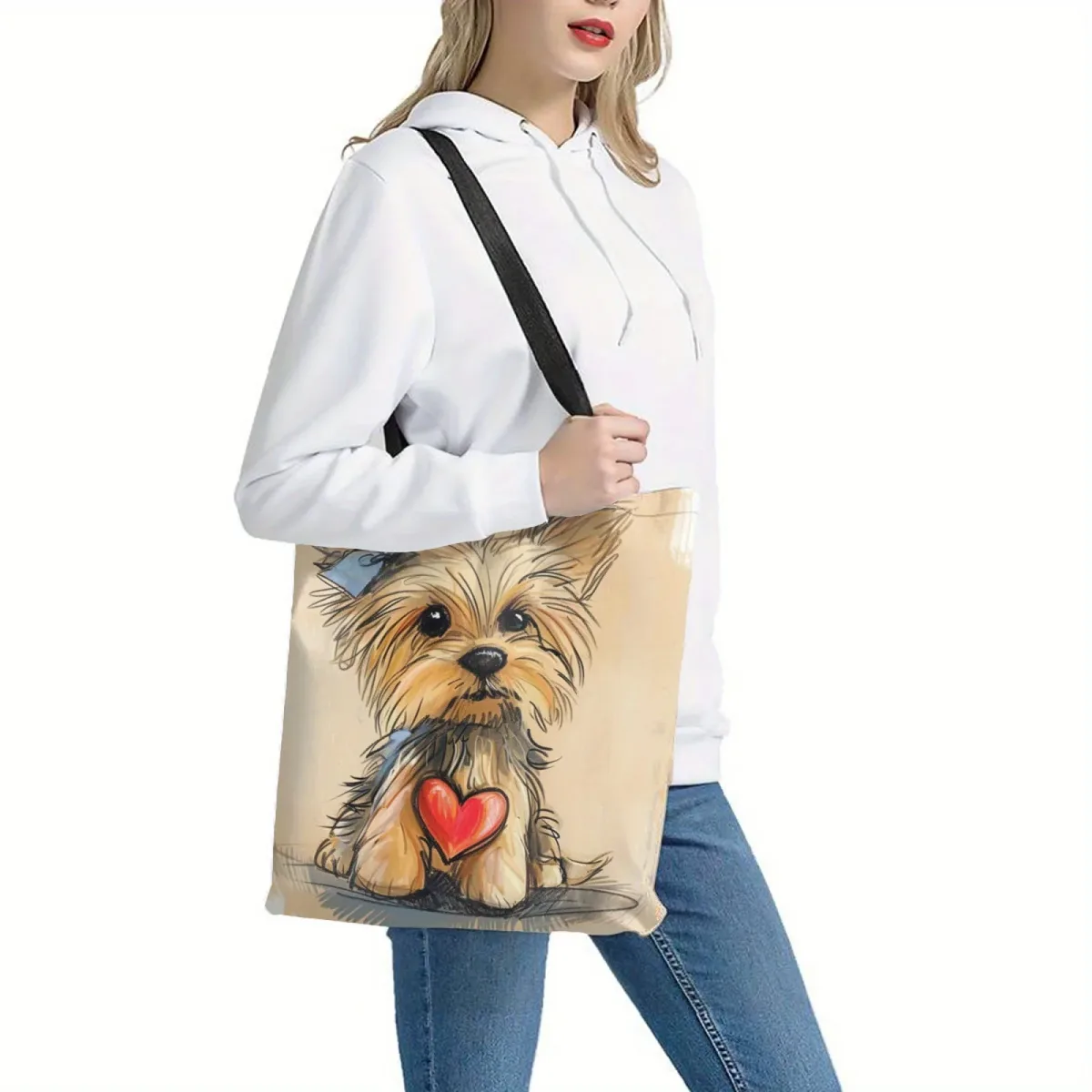 1pc Adorable sac fourre-tout imprimé chien Yorkshire thème Animal Polyester sac à bandoulière de Shopping réutilisable avec détail de coeur sac à main de voyage